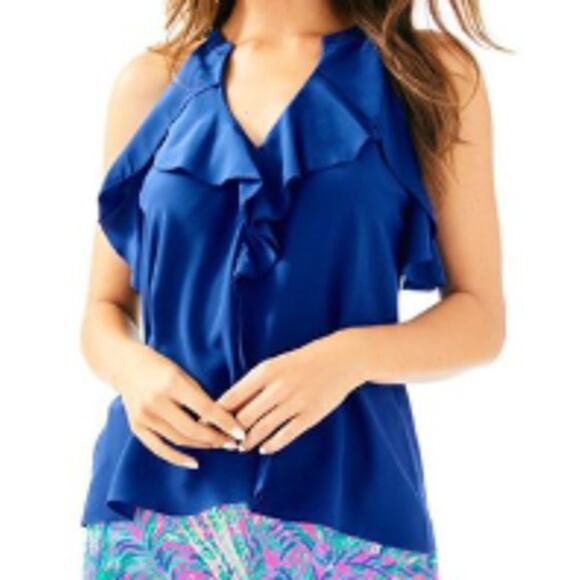 Lilly Pulitzer Tops - Lilly Pulitzer Navy Blue Silk Ruffle Tank Top sz L